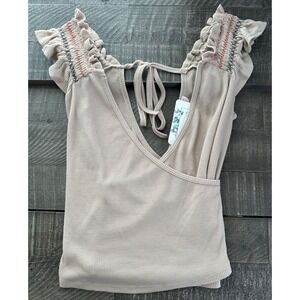 HEM & THREAD Khaki Tan Sleeveless Embroidered Wrap Crop Top Women's Small NEW